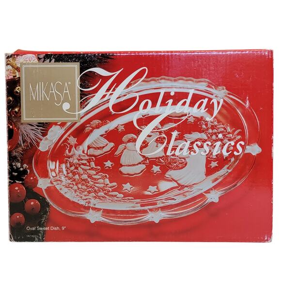 VTG 90s Mikasa Holiday Classics Oval Sweet Dish 9" Glass Angel Christmas Party - Picture 1 of 7